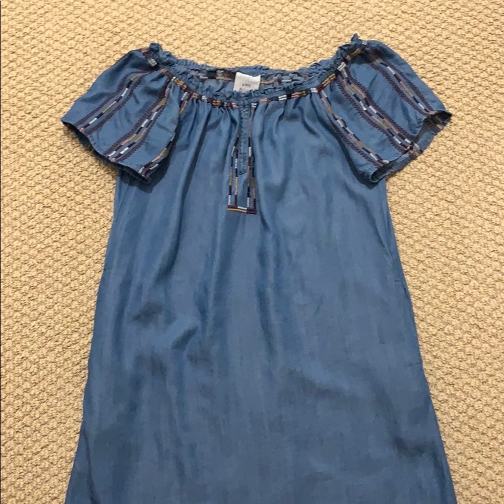 Denim Blue Dress with Embroidered Pattern Neckline